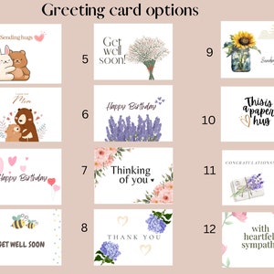 May include: Twelve greeting card options with various themes, including birthday, get well soon, thinking of you, thank you, sympathy, and sending hugs. The cards feature illustrations of animals, flowers, and other designs.