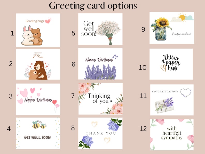 May include: Twelve greeting card options with various themes, including birthday, get well soon, thinking of you, thank you, sympathy, and sending hugs. The cards feature illustrations of animals, flowers, and other designs.