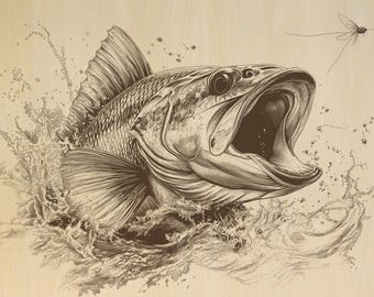 May include: A black and white illustration of a largemouth bass leaping out of the water with its mouth open, as if it is about to catch a fly. The bass is surrounded by water droplets and a fly is flying above it.