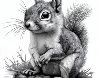 May include: A black and white pencil drawing of a squirrel sitting on a rock. The squirrel has a bushy tail and is looking to the left. The drawing is detailed and realistic.