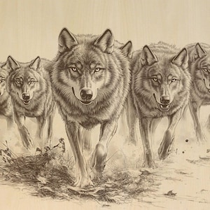 May include: A sepia-toned illustration shows five wolves running towards the viewer. The artwork highlights the wolves' fur and expressions, conveying a sense of movement and focus. The background is a light, neutral colour, enhancing the image's impact.