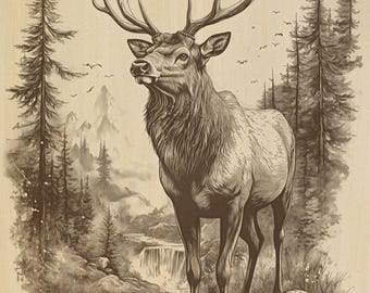 May include: A detailed black and white illustration of an elk standing in a forest setting. The elk has large antlers and is looking to the left. The background features trees, a waterfall, and a mountain range.