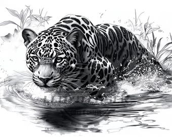 May include: A black and white drawing of a jaguar emerging from the water. The jaguar is swimming with its head above the water and its body submerged. The water is rippling around the jaguar.