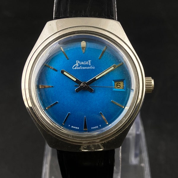 Vintage Swiss Made Piaget Automatic 25 Jewels Blue Dial Black Leather Band 35 mm Case Steel Figure Date Men's Wrist watch