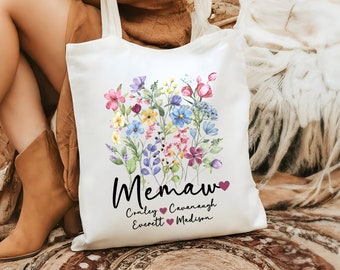 Floral Tote Bag For Memaw, Personalised Birthday Gift For Grandma, Custom Tote For Nana, Grandma Mothers Day Gift, Wildflower Shopping Bag