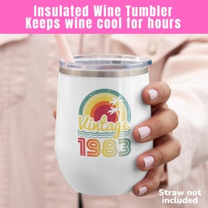 1983 Birthday Wine Tumbler, 40th Gifts For Her, Retro Wine Lover Present, 1983 Wine Gift, Double Insulated, Small Tumbler With Sliding Lid