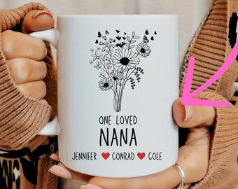 Nana Mug With Grandkids Names, Personalized Gift For Grandma Birthday, Floral Grandma Mug For Mothers Day Gift For Grandmother From Kids