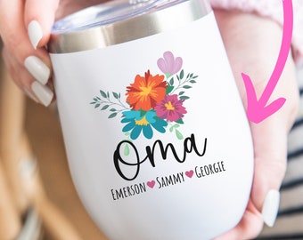 Personalised Oma Gift, Custom Wine Tumbler With Grandkids Names, Gift For Grandma Birthday, Grandma Tumbler For Mothers Day Gift From Kids