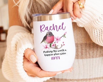 80th Birthday Gift For Her, Personalised 80th Birthday Ideas, 80th Gift For Women, Robin Redbreast Wine Tumbler Customised With Name