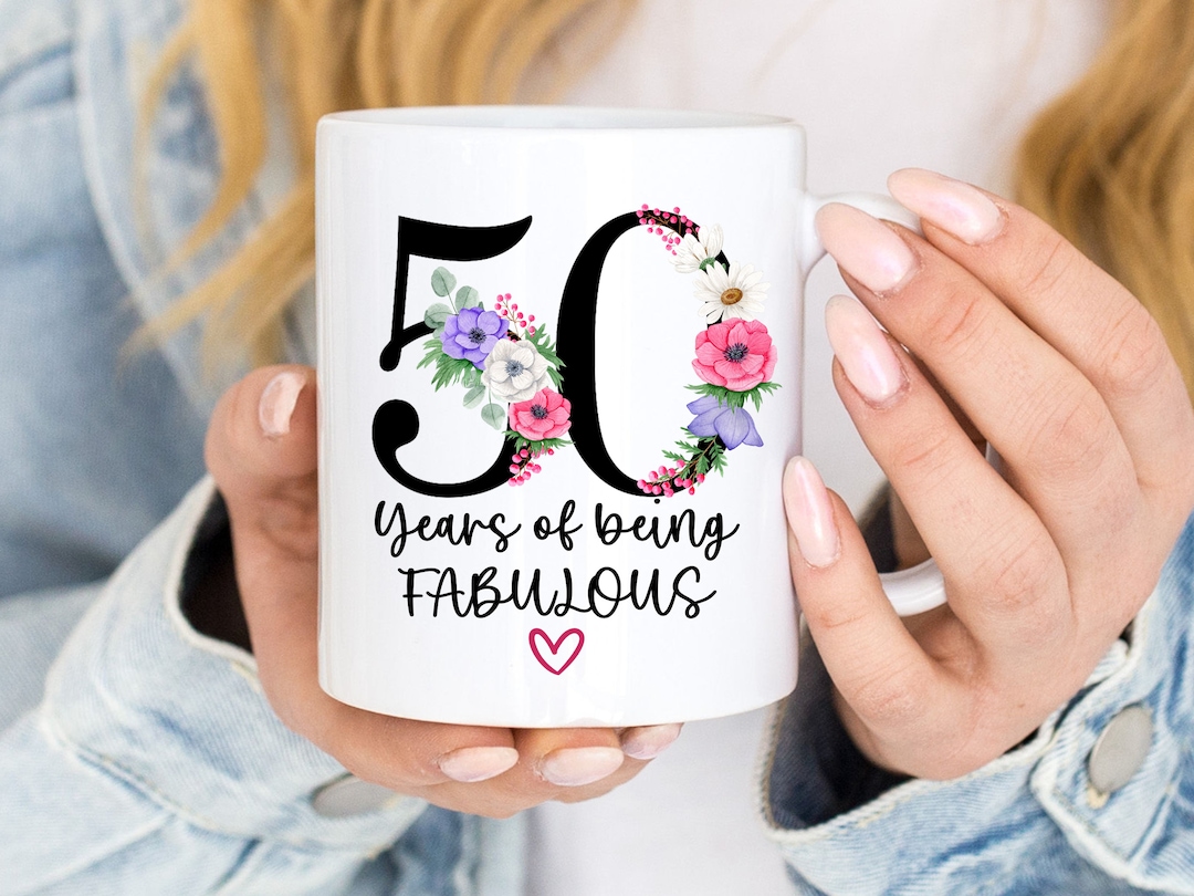 50th Mug for Women, 50th Gift Ideas for Her, 50th Birthday Present for Friend, Pretty Floral