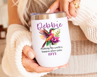 80th Birthday Gift For Her, Personalised 80th Birthday Ideas, 80th Gift For Women, Pretty Bird & Flowers Wine Tumbler Customised With Name