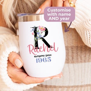 60th Birthday Gift With Name + Birth Year, Personalized 60th Gifts For Her Customizable Wine Tumbler With Sliding Lid, Gift Female Friend
