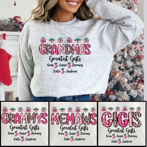 Grandma&#39;s Greatest Gifts Christmas Sweatshirt With Kids Names, Grandma Pastel Pink Christmas Shirt Customized Mimi Xmas Sweater, Nana Gifts