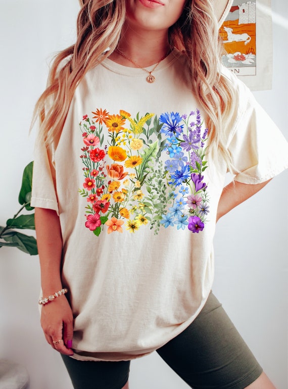 Women's Pride T-Shirt - Wildflowers Rainbow Floral LGBTQ Graphic Tee For Summer (Boho Vintage Style)