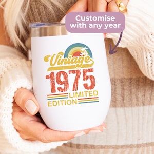 50th Birthday Gift For Women 1975 Birthday Wine Tumbler Custom Wine Lover Present 50th Birthday Gift Insulated Wine Tumbler With Sliding Lid