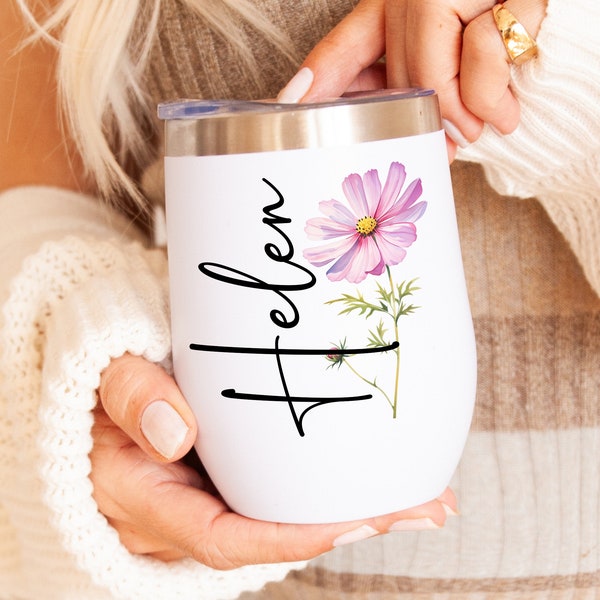 Birth Flower Wine Tumbler Personalized Birthday Gift For Women, Color Birth Flower Cup With Name, Customized Birth Flower Gift For Friend