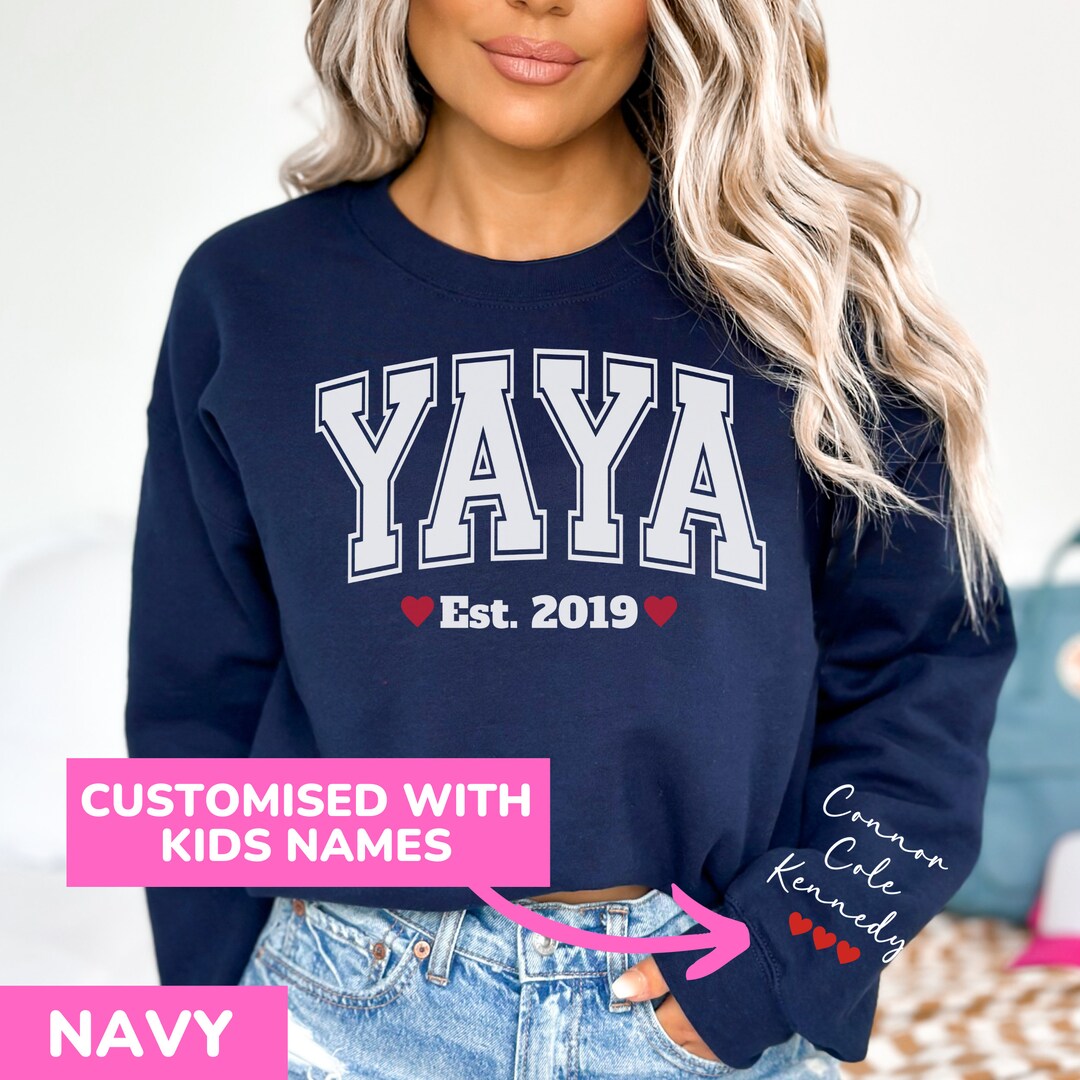 Custom Yaya Sweatshirt With Kids Names on Sleeve Personalised Varsity