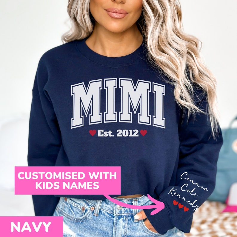 Custom Mimi Sweatshirt With Kids Names on Sleeve Personalised Varsity