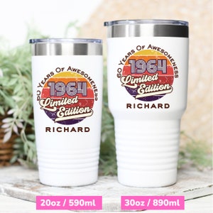 60th Birthday Gift With Name + Birth Year, Personalized 60th Gifts For Him Customizable 20oz 30oz Coffee Tumbler With Lid, Gift Male Friend