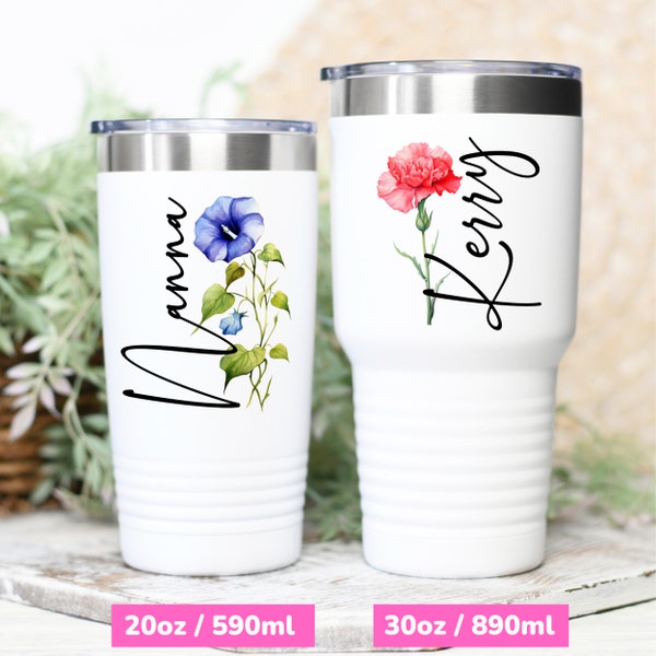 Birth Flower 20oz Tumbler Personalized Birthday Gift For Women, Color Birth Flower Cup With Name, Customized Birth Flower Gift For Friend