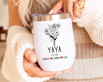 Yaya Tumbler With Grandkids Names, Personalized Gift For Grandma Birthday, Floral Custom Grandma Tumbler For Mothers Day Gift From Kids