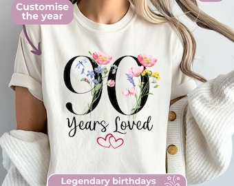 90th Birthday Gift Shirt For Women, 90 Years Loved, Custom Milestone Birthday Party Outfit Grammy