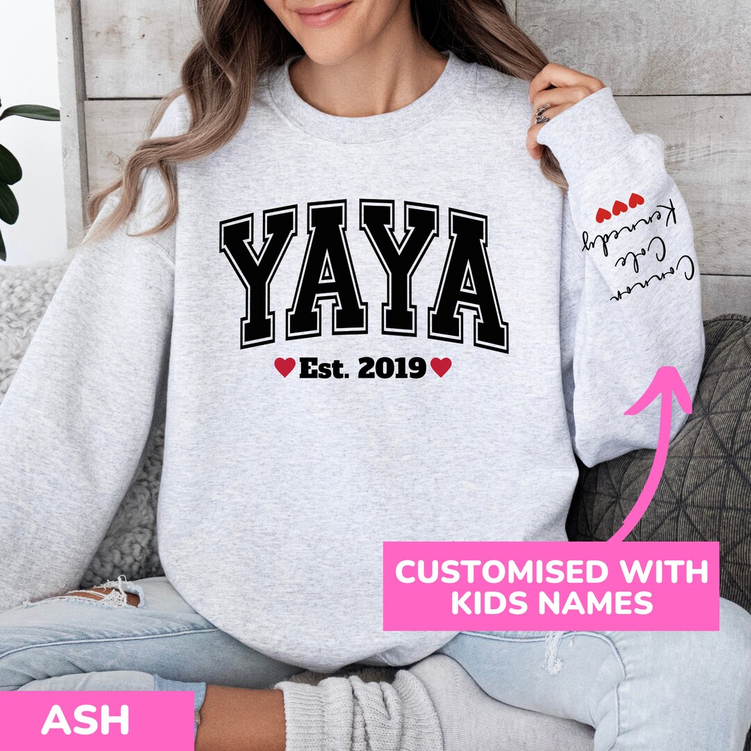 Custom Yaya Sweatshirt With Kids Names on Sleeve Personalised Varsity