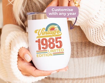 40th Birthday Gift For Women: Vintage Year of Birth, 12oz Insulated Wine Tumbler With SLiding Lid