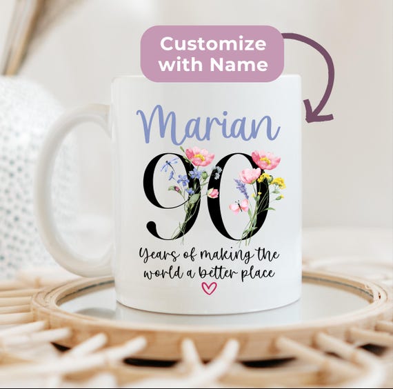 90th Birthday Gift for Women With Name, Custom Coffee Mug Gift for Her  Customized Flower Coffee Cup, Personalized Drinkware, Cute Floral Mug - Etsy