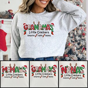 Grandma’s Little Crackers Christmas Sweatshirt With Kids Names, Personalized Nana Sweater Christmas Grammy Top, Customized Mimi Sweatshirt
