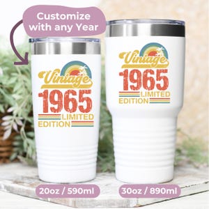 60th Birthday Gift With Birth Year, Retro 1965 Gifts, Funny 60th Gift For Friend, 20oz 30oz Coffee Tumbler With Lid 60th Gift For Him or Her