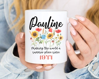 80th Birthday Gifts For Grandma, 80th Birthday Ideas, Personalised 80th Gift For Female, Sunflower & Poppies Coffee Mug Customised With Name