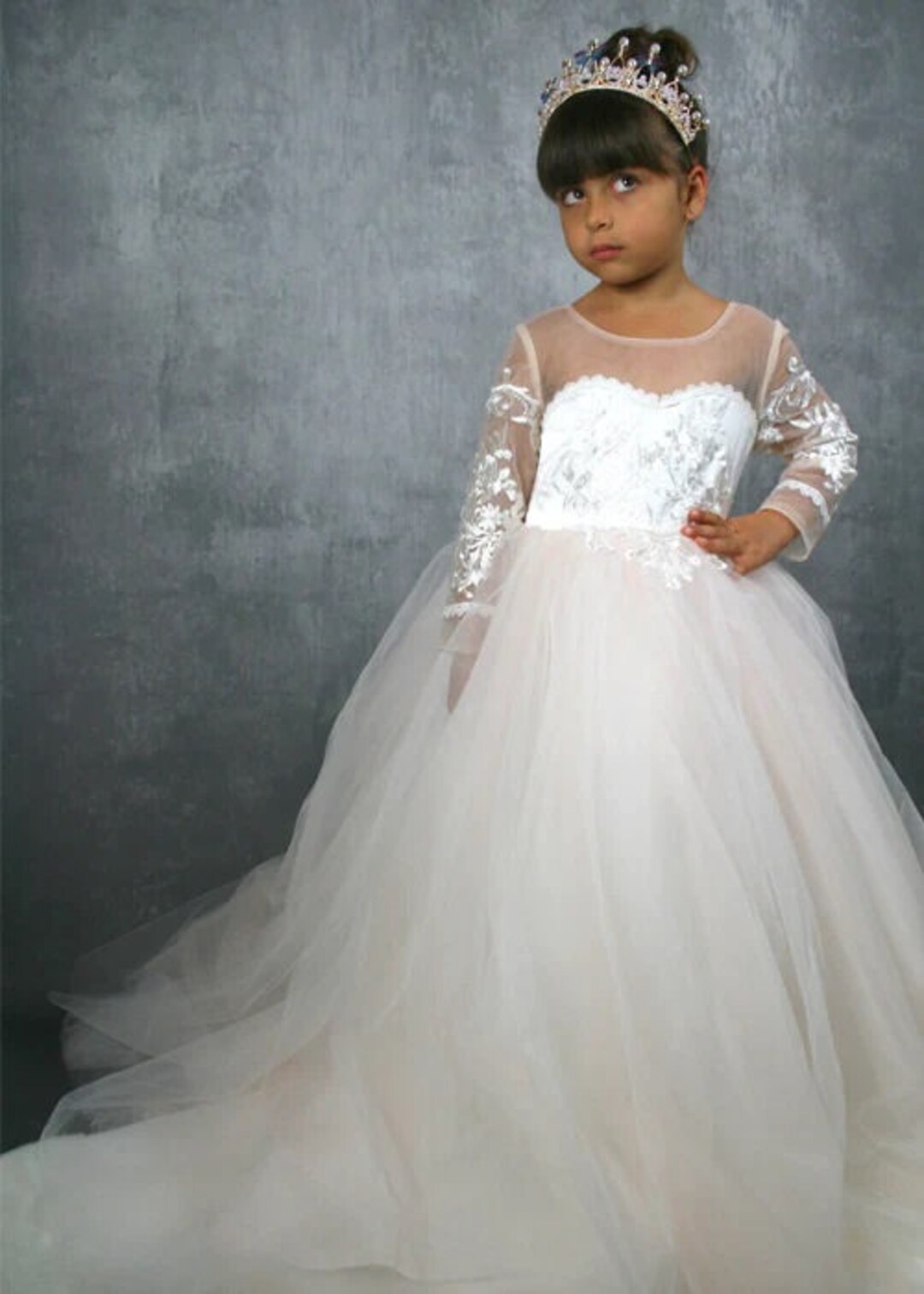 White Lace Wedding Dress, Flower Girl Dress Train, Girl Ball Gown