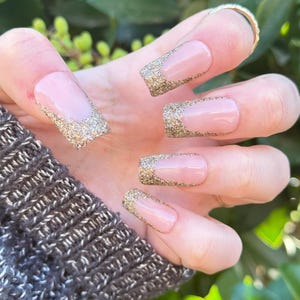 New Years Golden Glam Champagne Glitter French Tip Prom Press On Nails