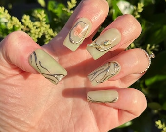 Spring/Summer Sage Green and Gold Chrome Flower Encapsalated Press On Nails