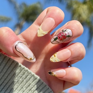 Disney Princess Belle Inspired Stain Glass Rose Press On Nails
