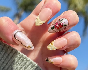 Disney Princess Belle Inspired Stain Glass Rose Press On Nails