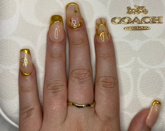 Golden Chrome 3D Drip French Tip Starry Press On Nails