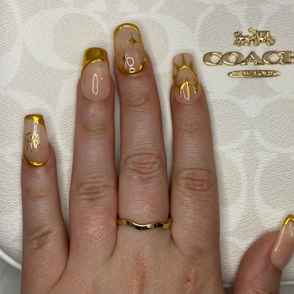 Golden Chrome 3D Drip French Tip Starry Press On Nails