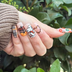 Fall Autumn Peanut Dog Inspired Pumpkin Spice Floral Plaid Thanksgiving Press On Nails