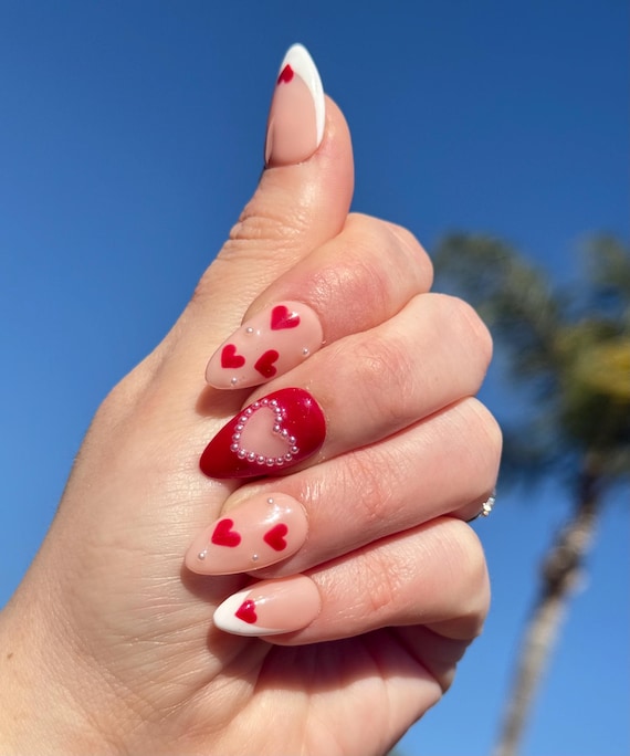 Simple Red Pearl Heart Valentines Day Press on Nails - Etsy