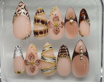 Animal Print Floral Gold Bling Y2k Fall Press On Nails