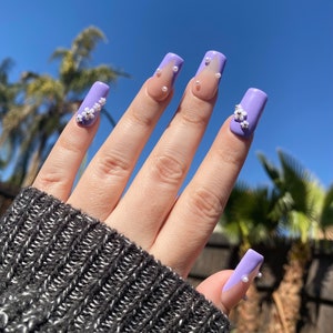 Purple Floral French Tip Press On Nails