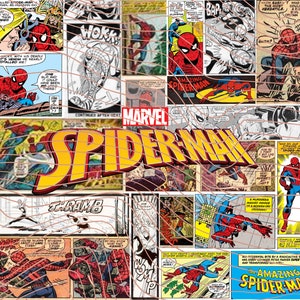 May include: A collage of comic book panels featuring Spider-Man in various poses and scenes. The panels are arranged in a grid pattern and are overlaid with a web-like pattern. The text "MARVEL" and "SPIDER-MAN" are prominently displayed in the center of the collage.