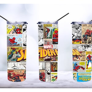 May include: A stainless steel tumbler with a colorful collage of vintage Spider-Man comic book panels. The tumbler features the Marvel logo and the words "Spider-Man" in a bold, yellow font. The tumbler is designed to keep drinks cold or hot.
