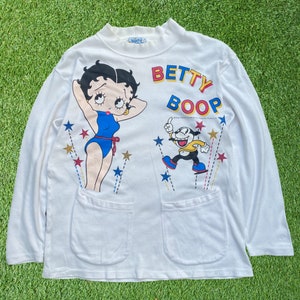 Vintage Betty Boop Long Sleeve White T Shirt Big Cartoon Graphic Crewneck Tee Large Adult Size