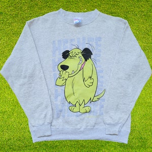 Felpa grigia con stampa a specchio degli anni ’90 di Muttley Dog Wacky Race, pullover a girocollo grafico di grandi dimensioni