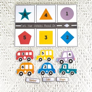 Cahier chargé, formes, chiffres, couleurs, jeu de cartes Park My Vehicles pour tout-petits d'âge préscolaire, impression Montessori, téléchargements numériques