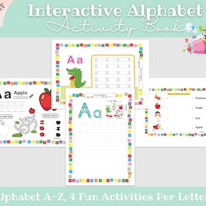 Libro de actividades del alfabeto ABC para niños. Libro de ejercicios interactivo de aprendizaje de reconocimiento de letras para preescolar y jardín de infantes. Actividades del alfabeto.