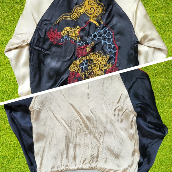 Sukajan Style Souvenir Reversible Jacket Embroidery Satin Bomber Jacket Medium Size